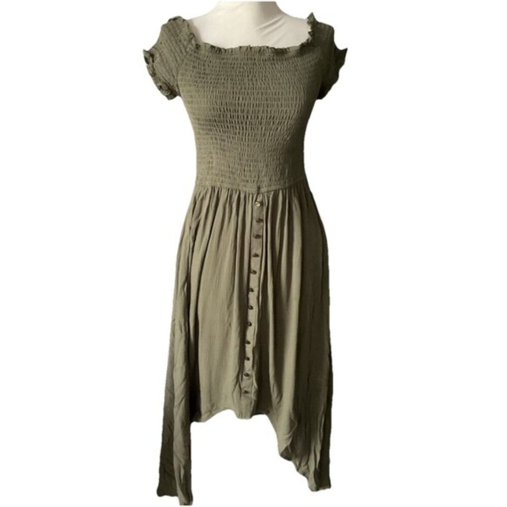 Off The Shoulder Women’s Green Midi High Low Spring Summer Dress Sz Small